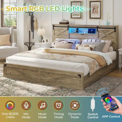 Vista 3 de Base de cama de tamaño King de estilo granja de Hasuit con estante de almacenamiento, cabecero, cama de madera King con luces LED, estación de Roble