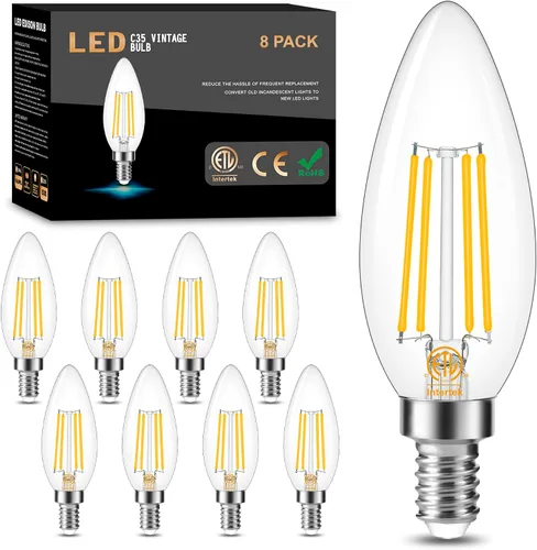 Vista 21 de Cotanic Bombilla LED regulable para candelabro de 2700 K, luz blanca cálida, base E12, equivalente a 60 W, bombilla tipo B con forma de vela