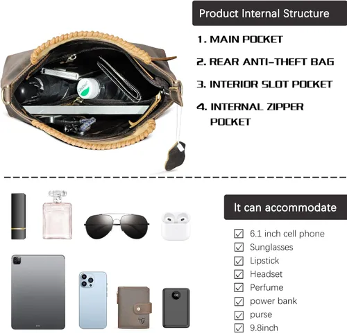 Vista 7 de Handadsume Bolso cruzado de cuero genuino de caballo loco grueso bolso de hombro con asa superior para las mujeres 6640