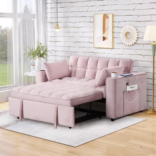 Vista 12 de Sofá cama convertible de terciopelo con respaldo ajustable y enchufe USB, sofá cama extraíble multiposición tamaño individual con 2 almohadas