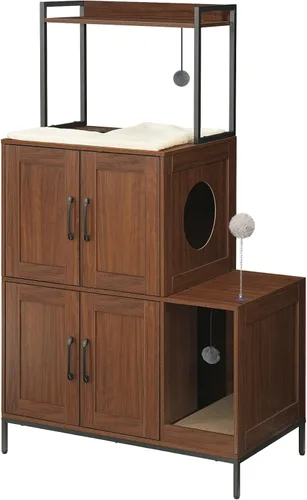 Vista 11 de HOOBRO Mueble para Caja de Arena para Gatos, Mueble Oculto para Caja de Arena 2 en 1 con Estante, Gabinete Doble para Caja de Arena con 2 Pelotas