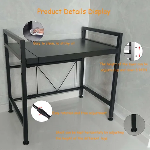 Vista 3 de Estante para horno de microondas, soporte para microondas, estante ajustable con 6 ganchos, estante para microondas, soporte para microondas