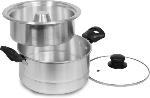 Vista 7 de Bene Casa - Caldera doble de molde de flan de aluminio con tapa de vidrio (1.6 litros) - Incluye sartén interior de aluminio (8") - Apta