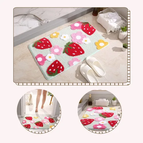Vista 2 de Tapete de baño suave y acogedor con diseño de fresa, antideslizante, lavable, tapete lanudo para dormitorio, tapete absorbente de flores, tapete