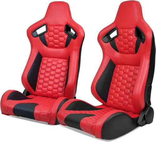 Vista 13 de IKON MOTORSPORTS, Asientos universales para vehículos de carreras con deslizadores dobles, asientos deportivos reclinables de cuero PU beige + cuero