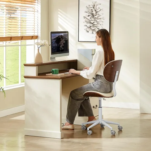 Vista 6 de Bestier Silla de oficina en casa con soporte de respaldo de madera curvada, silla de escritorio sin brazos con giro de 360°, silla de computadora