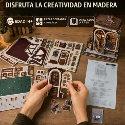Vista 3 de Rompecabezas de madera 3D, kits de rincón de libros para adultos, kits de construcción de casas en miniatura, manualidades de madera