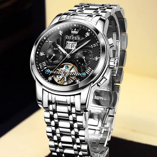 Vista 5 de OLEVS Relojes para hombre Reloj automático esqueleto plateado acero inoxidable mecánico Tourbillon automático diamante esfera negra impermeable lujo