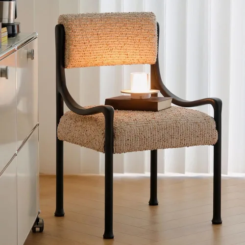 Vista 4 de sillas de comedor Silla de comedor retro de madera con respaldo tapizado y asiento curvos reposabrazos cocina moderna