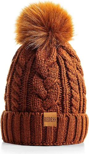 Vista 10 de Redess Gorro de invierno con pompón y forro polar cálido, grueso y holgado, tejido, para la nieve, para esquiar, para mujer Beige