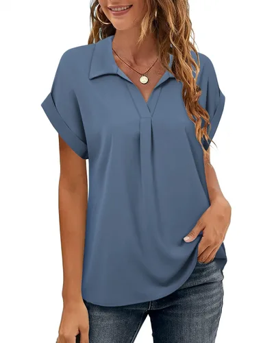 Vista 5 de Messic Womens Short Sleeve Blouses Collared V Neck Shirts Chiffon Summer Business Casual Tops
