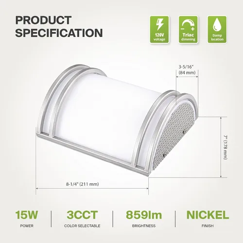 Vista 7 de ASD - Lámpara de pared LED para interiores, níquel cepillado 3000/4000 8 pulgadas Níquel cepillado