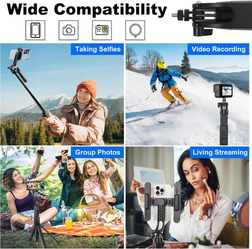 Vista 6 de ikaufen Trípode para iPhone de 71 pulgadas con pico de tierra, luz de relleno ajustable de 5 velocidades, trípode extensible para teléfono selfie