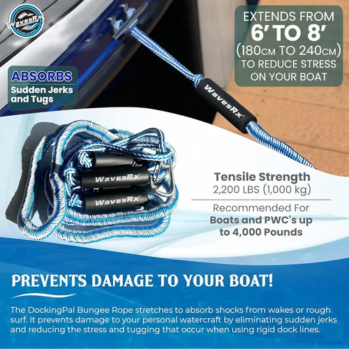 Vista 3 de WAVESRX DockingPal - Línea de muelle elástico prémium para barcos y PWC Cuerda de amarre elástica que se estira para absorber golpes y evitar