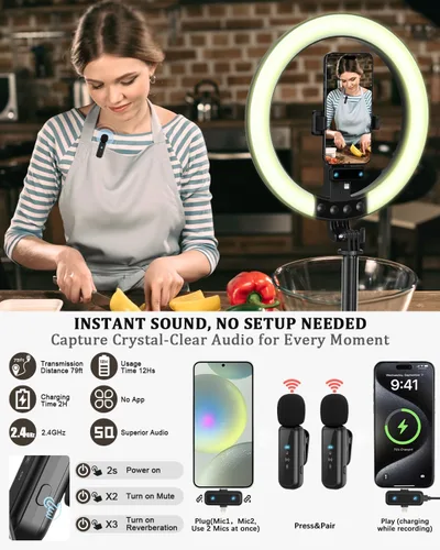 Vista 3 de Kit de vlogging para iPhone/Android, anillo de luz de 10 pulgadas con soporte, trípode de 74 pulgadas para iPhone con luz, micrófono, kit de inicio
