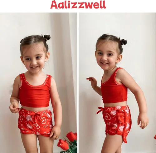 Vista 2 de Aalizzwell Conjunto de bikini de 3 piezas para niñas pequeñas con pantalones cortos de natación