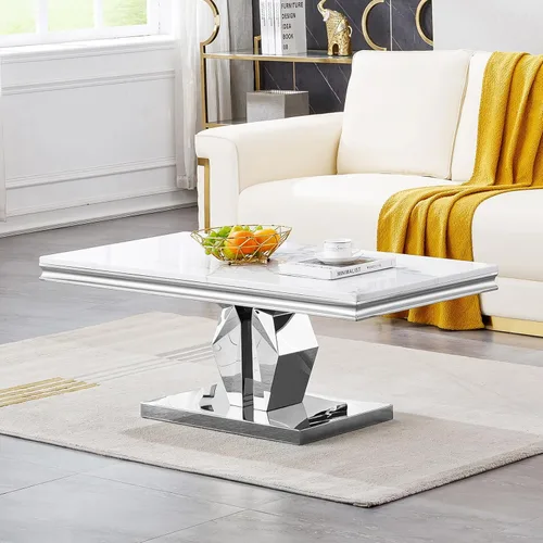 Vista 14 de Mesa de centro de mármol negro Henf de lujo, mesa auxiliar rectangular de mármol sintético de imitación con base de acero inoxidable dorado