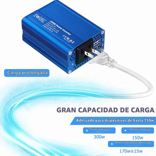 Vista 3 de Inversor de potencia para automóvil de Foval, de 12 V CC a 110 V AC, con cargador USB doble, Azul