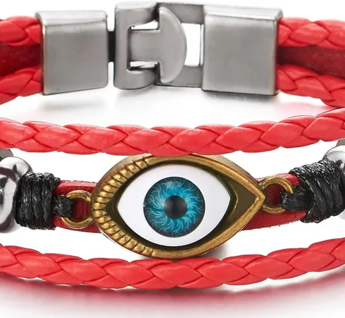 Vista 3 de COOLSTEELANDBEYOND Pulsera de tres filas de cuentas de cuero contra el mal de ojo para hombre y mujer