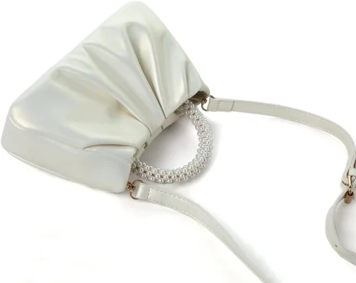 Vista 4 de Beatfull Bolso de noche para mujer, bolso de mano pequeño con perlas de cuero suave, bolso fruncido para boda, novia, fiesta, baile de graduación