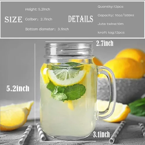 Vista 2 de TANGLONG 12 tarros Mason de 16 oz con asa y tapas para manualidades y fiestas Vasos para beber, tazas de vidrio con asas, regalos caseros, café