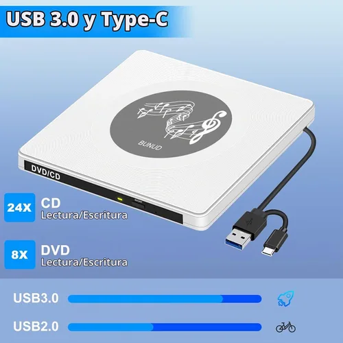 Vista 4 de BUNUD Unidad externa ultra delgada de CD y DVD, Plug & Play para portátil