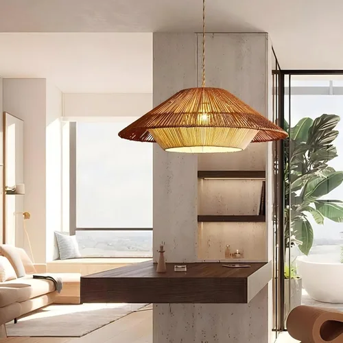 Vista 5 de LIGHTLAND Lámpara colgante de ratán bohemio de 19.7 pulgadas, araña tejida con cordel, lámpara tejida a mano estilo Wabi-sabi para comedor, isla