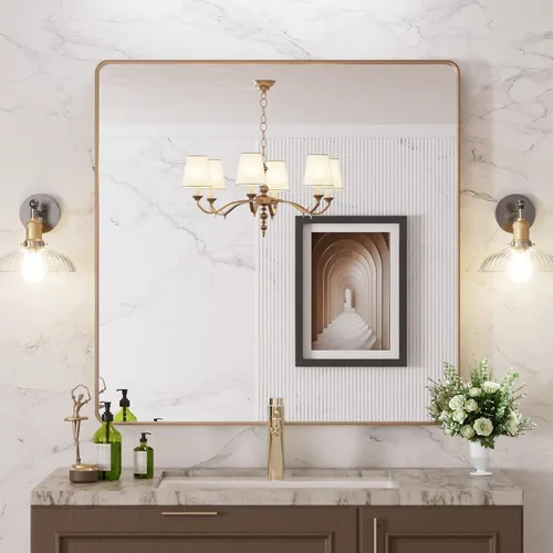 Vista 111 de LOAAO 20x16 Pulgadas Espejo de Baño con Marco de Metal Negro para Pared, Espejo de Tocador de Baño de Estilo Granja, Espejo Grande Rectangular