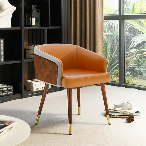 Vista 2 de ARTPLAN Silla de comedor moderna de mediados de siglo con nogal, silla tapizada de tela de eucalipto, reposabrazos retro con acento retro, patas