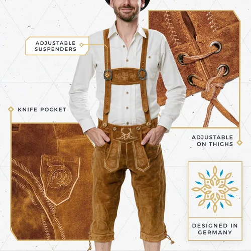 Vista 4 de BAVARIA TRACHTEN Lederhosen - Traje de cuero genuino para hombre traje de Oktoberfest alemán auténtico para hombre color marrón claro largo Marrón