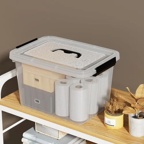 Vista 6 de Caja de almacenamiento transparente de 22 L con asas, contenedor de plástico con tapa de cierre, paquete de 4