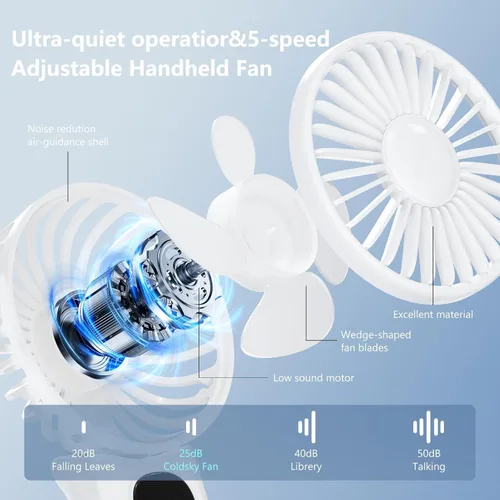 Vista 3 de Ventilador portátil, paquete de 2 ventiladores de mano, ventilador de mano plegable de 180° con cordón, ventilador personal pequeño de 5 velocidades