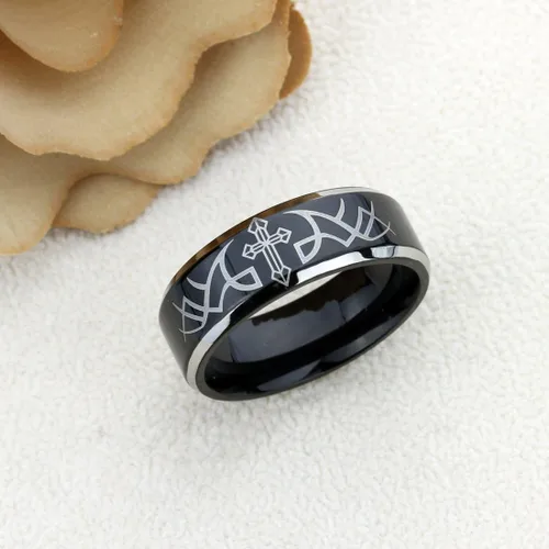 Vista 2 de Anillo de boda de titanio personalizado con grabado gratuito de 0.315 in, espina con cruz negra