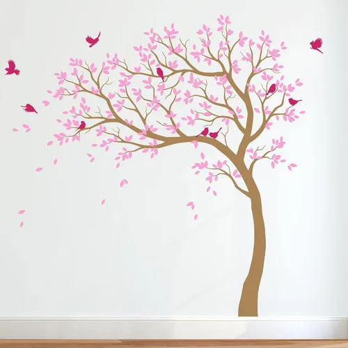 Vista 5 de Calcomanías de pared para árbol grande, calcomanías de árbol inclinado con pájaros, mural de vinilo decorativo KW032