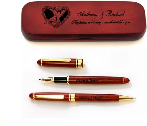 Vista 3 de Estuche de madera de arce personalizado y dos bolígrafos para el día de San Valentín