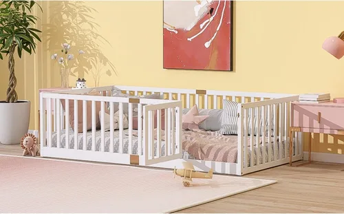 Vista 6 de Cama Montessori de madera tamaño matrimonial con valla de alta Blanco (White F)