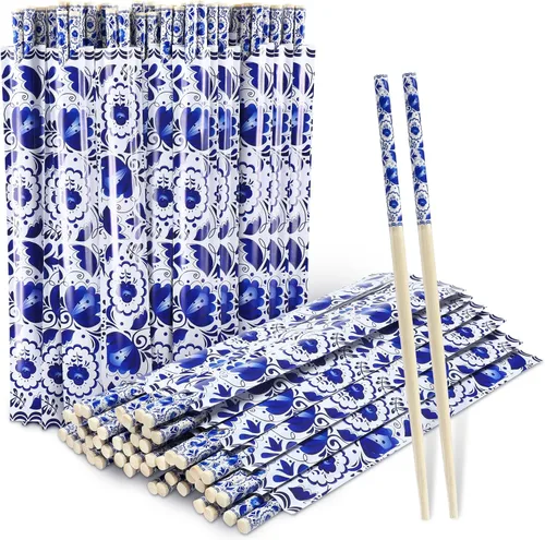 Vista 7 de 50 pares de palillos de flor de cerezo a granel con funda azul, palillos desechables de bambú de eucalipto, favores de boda, suministro de comida