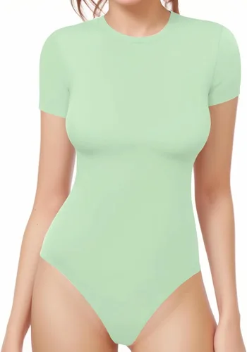 Vista 29 de MANGOPOP - Body de cuello redondo para mujer, manga corta y manga larga, camisetas ajustadas y básicas A1 Manga Corta Negro