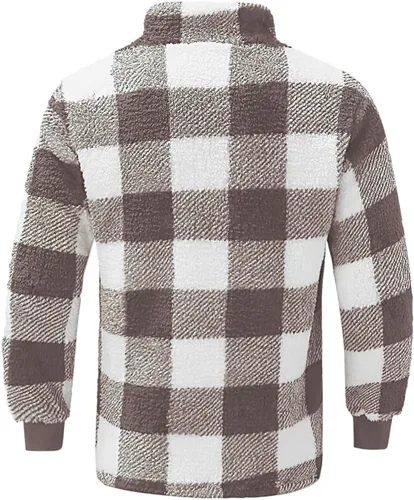 Vista 2 de Mens Plush Checkered Sweatshirt Winter Fall Comfy Pullover Long Sleeve Button Down Henley Shirt
