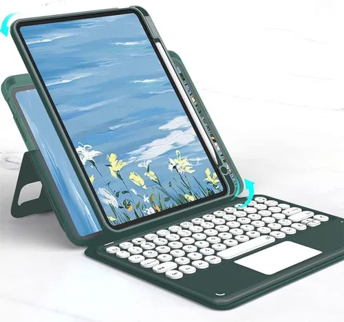 Vista 23 de iPad Air Air2 iPad 5ª 6ª generación 9.7 pulgadas iPad 5 iPad 6 Funda con teclado Touchpad horizontal/vertical Soporte magnético desmontable BT