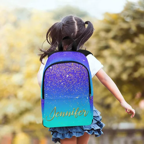 Vista 3 de Mochila personalizada para niños, texto dorado brillante, color azul oscuro, mochila con nombre personalizado para niños y niñas, color 04, Mochilas