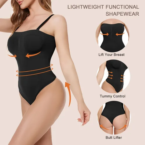 Vista 3 de Ellareese Body moldeador sin tirantes para mujer, tanga moldeador de cuerpo, debajo del vestido, body con control de abdomen, camiseta sin mangas