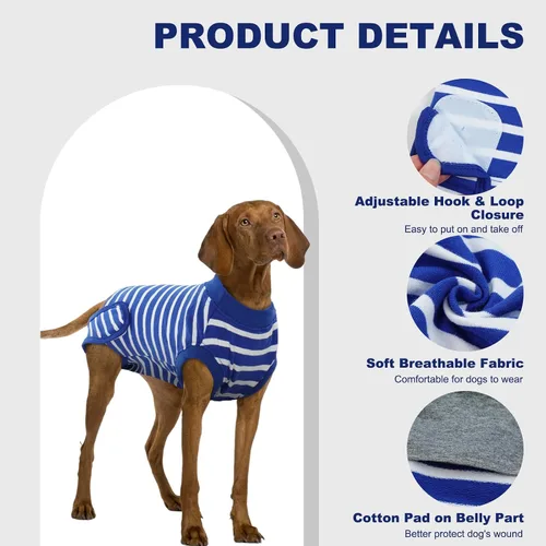 Vista 2 de IDOMIK Traje de recuperación para perros – Mono esterilizador femenino y masculino, ajustable antilamer, transpirable y cómodo, talla S, rayas azules