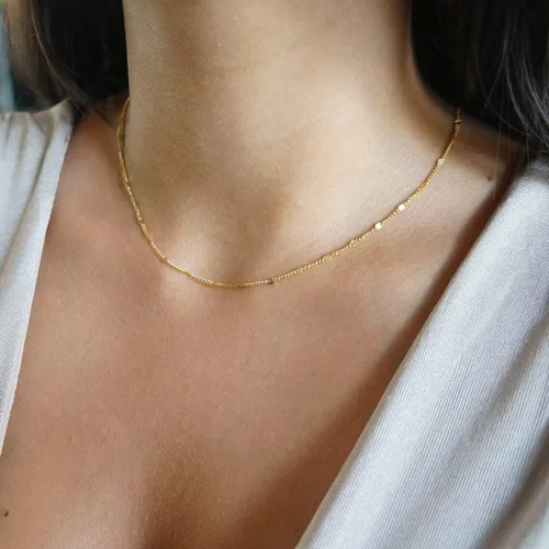 Vista 5 de Delicado collar de cadena para mujer, chapado en oro de 18 quilates, gargantilla de disco de moneda, collar simple de cadena trenzada con cuentas