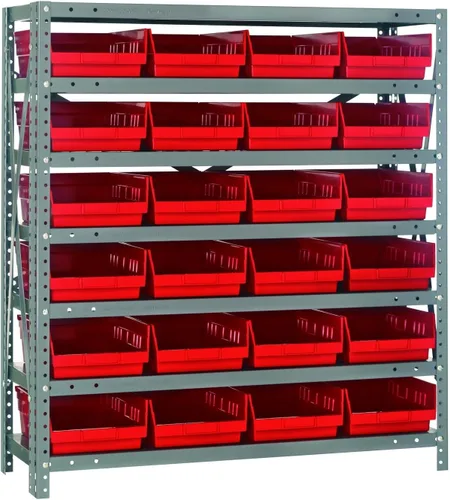 Vista 256 de Quantum QSBU-245BK Heavy Duty Shelving Unit with (7) Shelves and (24) QUS245 Black Bins for Garage Warehouse Storage Distribution 400 lb Load