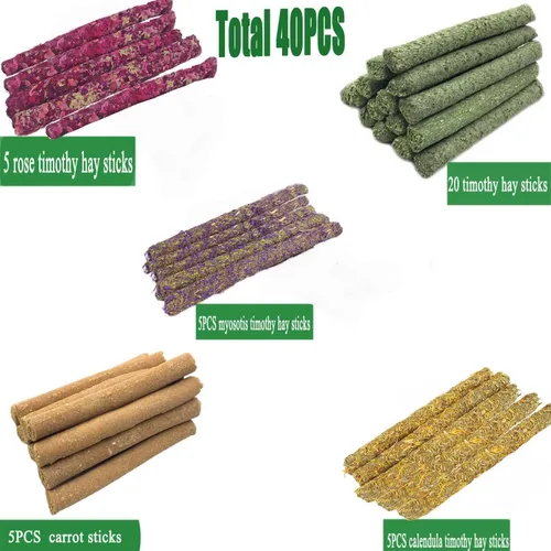 Vista 3 de ANDES Juguetes masticables de conejo, 40 palitos de heno Timothy de aproximadamente 14 onzas/14.11 oz de hámster, bocadillos molares hechos a mano
