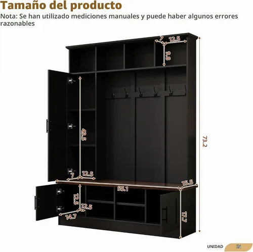 Vista 7 de Merax Árbol de pasillo de madera estilo granja con banco de zapatos y 2 cajones, perchero 4 en 1 con 6 ganchos para entrada, pasillo, área de Negro