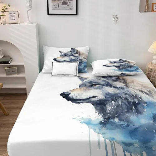 Vista 3 de Juego de sábanas de lobo tamaño Queen, sábanas de microfibra suave y bolsillo profundo, sábanas y fundas de almohada estampadas sin arrugas, 1 Lobo