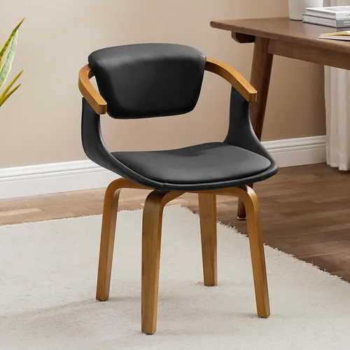 Vista 9 de Zouron Silla de escritorio sin ruedas, moderna silla de oficina de madera, silla de cuero sintético con brazo para sala de estar, dormitorio