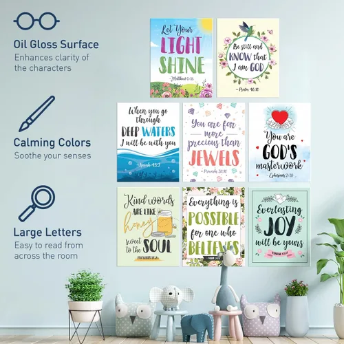 Vista 4 de S&O Conjunto de 8 Pósteres de Arte de Pared con Escrituras – Arte Inspiracional Basado en la Fe – Acentos para el Hogar con Versículos Bíblicos
